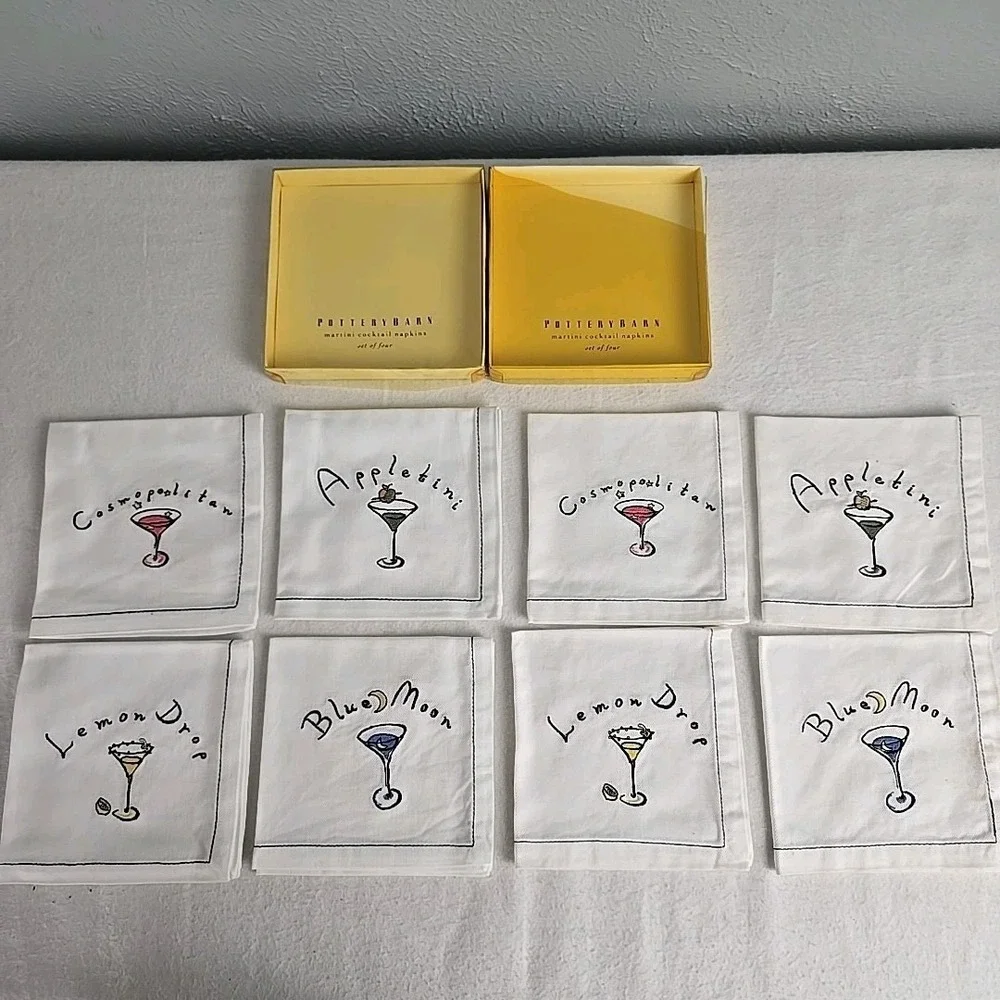 Pottery Barn VTG Embroidered Martini 8 Cocktail Napkins‎ Party